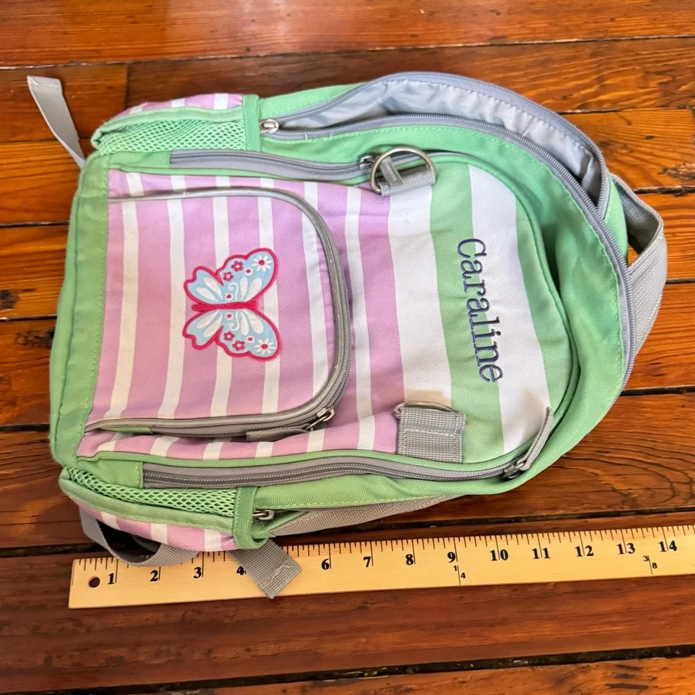 Pottery Barn Backpack Green & Purple Striped Butterfly Caraline